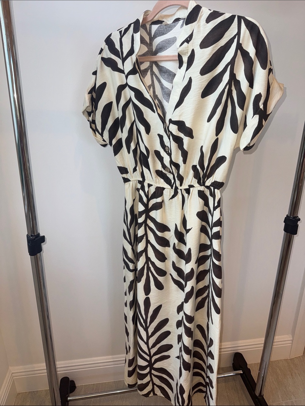 Cream and Black Leaf-Print V-Neck Midi Dress